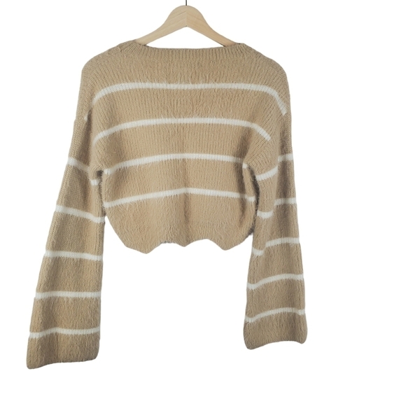 GIANNI Bini‎ Sweater Womens XS Tan Cream Cropped Stripe Knit Bell Sleeve - Picture 2 of 8